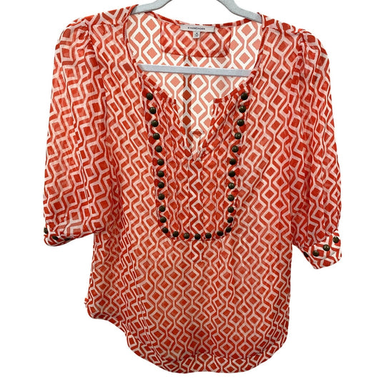 47 Hawthorn Orange/White Geometric Printed Blouse - Size Medium