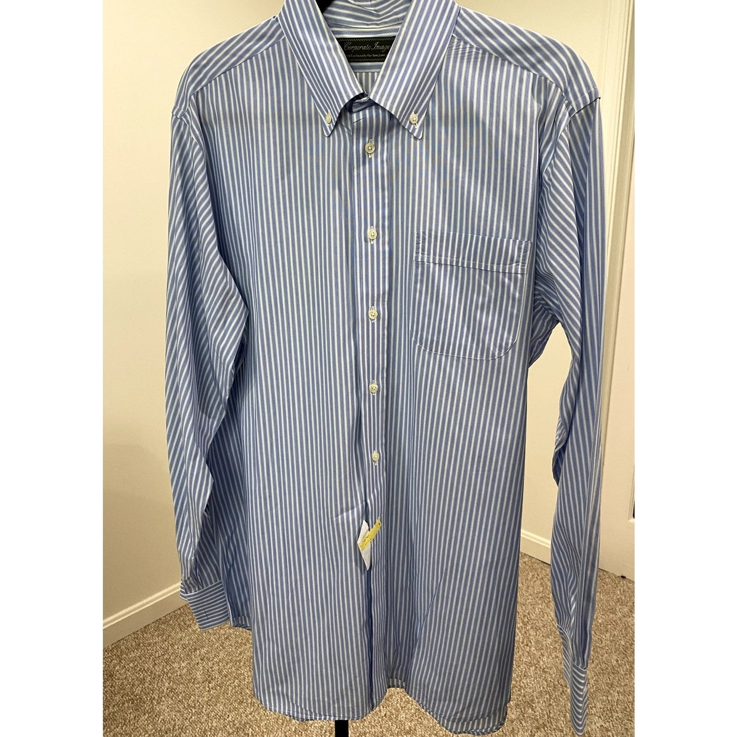 Tom Jones Corporate Image Blue/White Pinstriped Button Down Shirt - Approx. 2XL (EUC)