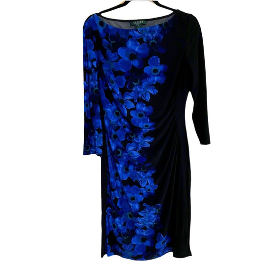 LAUREN Ralph Lauren Black Dress Blue Floral Detail with Ruching - Sz. 12 (EUC)