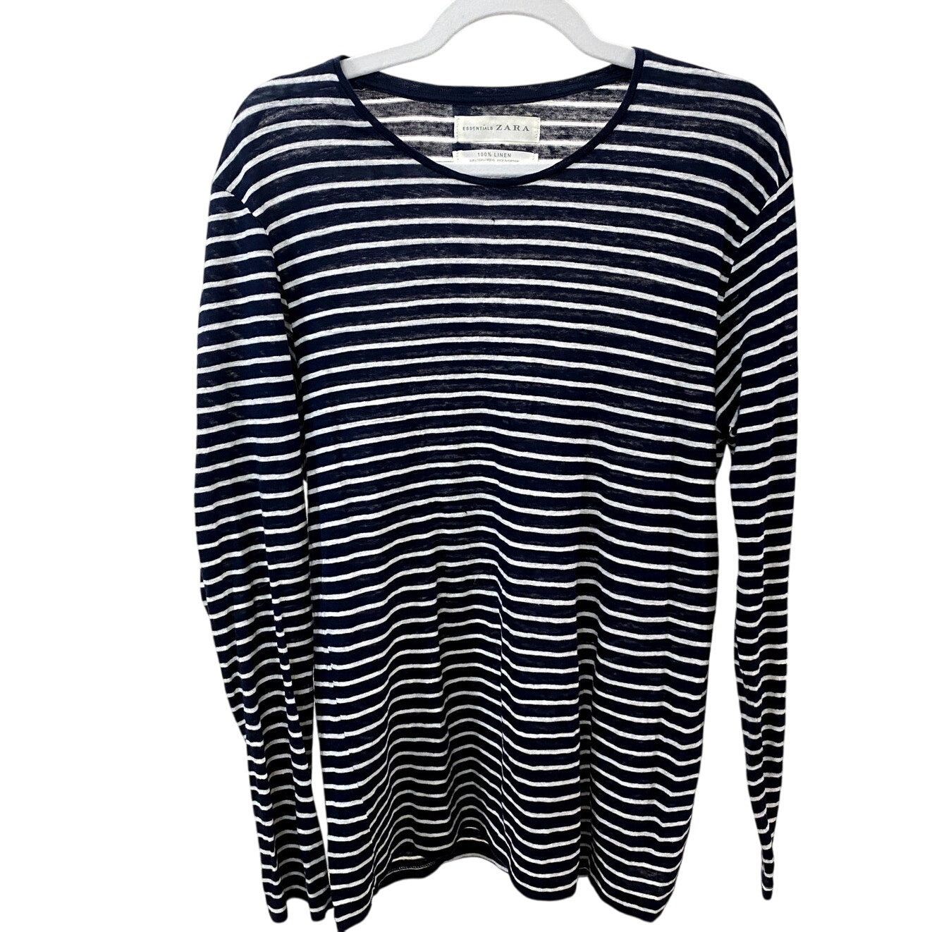 Zara Essentials Linen Blue/White Striped Top - Size Large (NWOT)