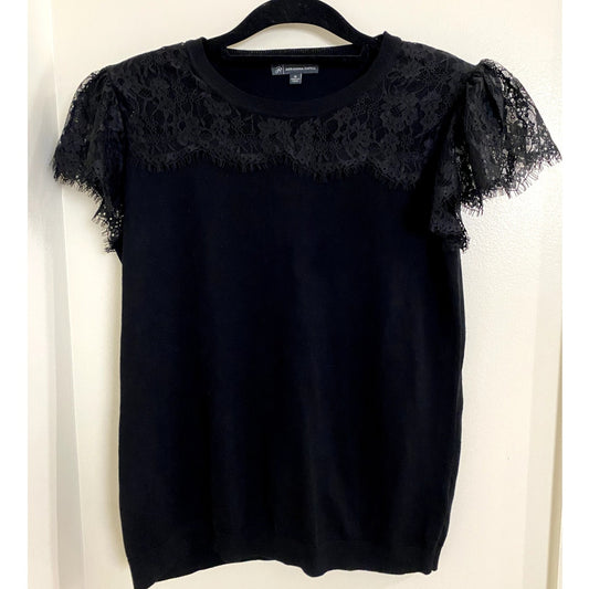 Adrianna Papell Black Lace Panel Sheer Cap Sleeve Top - Sz. M (NWT)