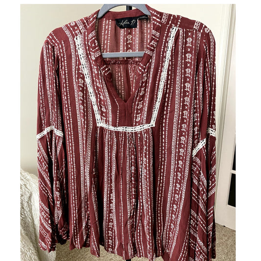 Lola P. Rust & White Boho Blouse - Size M (EUC)