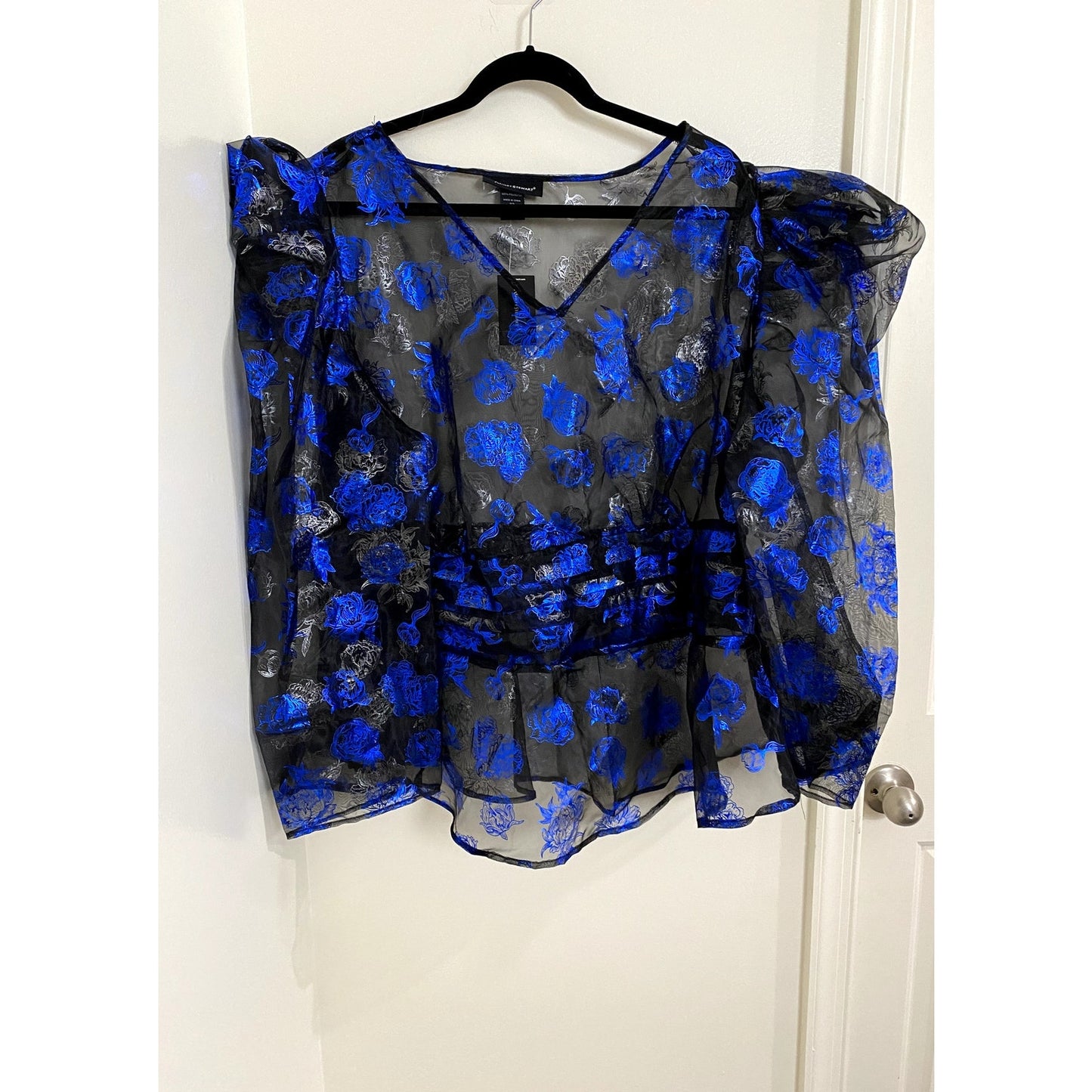 Ashley Stewart Black/Blue Foil Organza Floral Sheer Top - Size 22  (NWT)